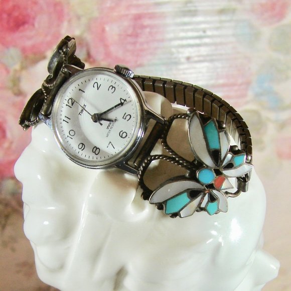 Vintage Sterling RA Wallace Signed Butterly Zuni Turquoise, MOP watch band main image 6